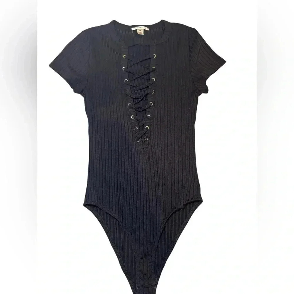 Black Ribboned Lace Up Detail Short Sleeve Bodysuit , Size medium